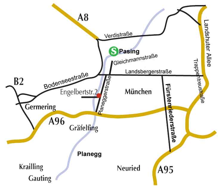 Lageplan der Praxis - beim roten Punkt; Engelbertstr.2